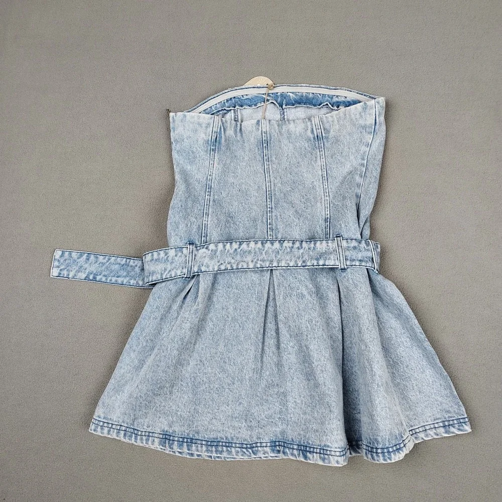 Meshki Mini Dress Medium Strapless Pleated Blue Denim Belted Flirty Festival New